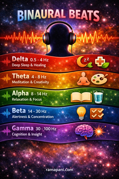 Infographic showing Delta (1-4Hz) Theta (4-8Hz) Alpha (8-14Hz) Beta (14-30Hz) and Gamma (30-100Hz) 