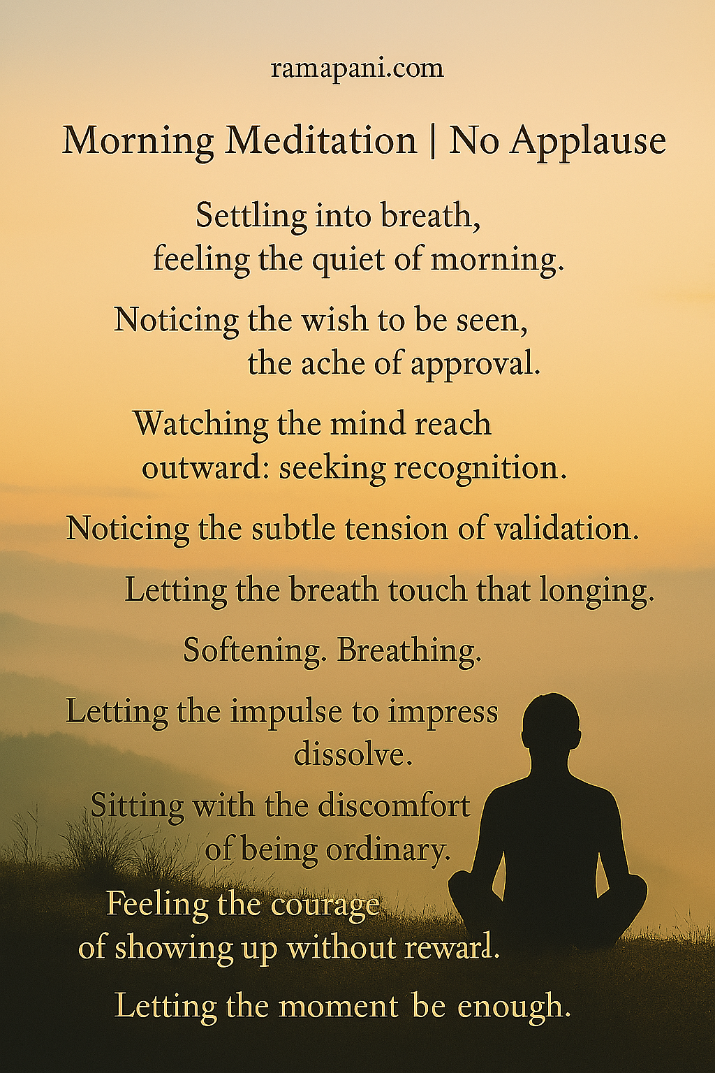 Settling into breath, feeling the quiet of morning. Noticing the wish to be seen, the ache of approval. Watching the mind reach outward: seeking recognition. Noticing the subtle tension of validation. Letting the breath touch that longing. Softening. Breathing. Letting the impulse to impress dissolve. Sitting with the discomfort of being ordinary. Feeling the courage of showing up without reward. Letting the moment be enough.