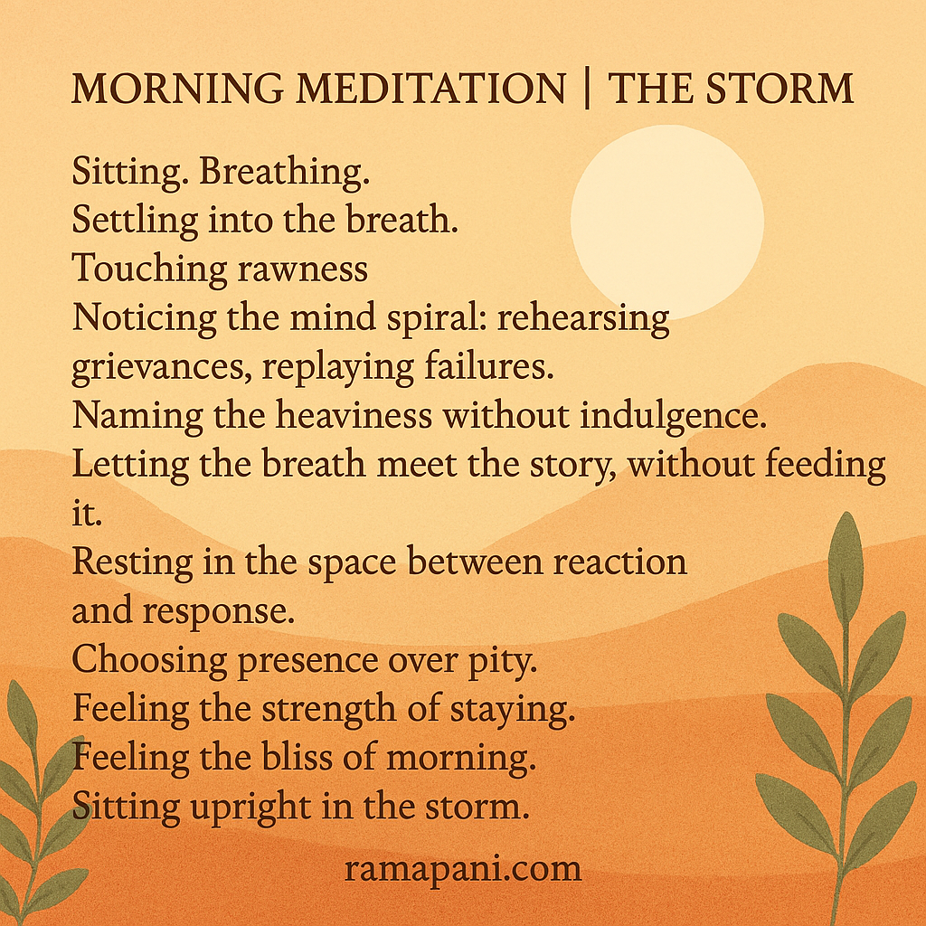 Sitting. Breathing. Settling into the breath. Touching rawness Noticing the mind spiral: rehearsing grievances, replaying failures. Naming the heaviness without indulgence. Letting the breath meet the story, without feeding it. Resting in the space between reaction and response. Choosing presence over pity. Feeling the strength of staying. Feeling the bliss of morning. Sitting upright in the storm. Returning to the breath.