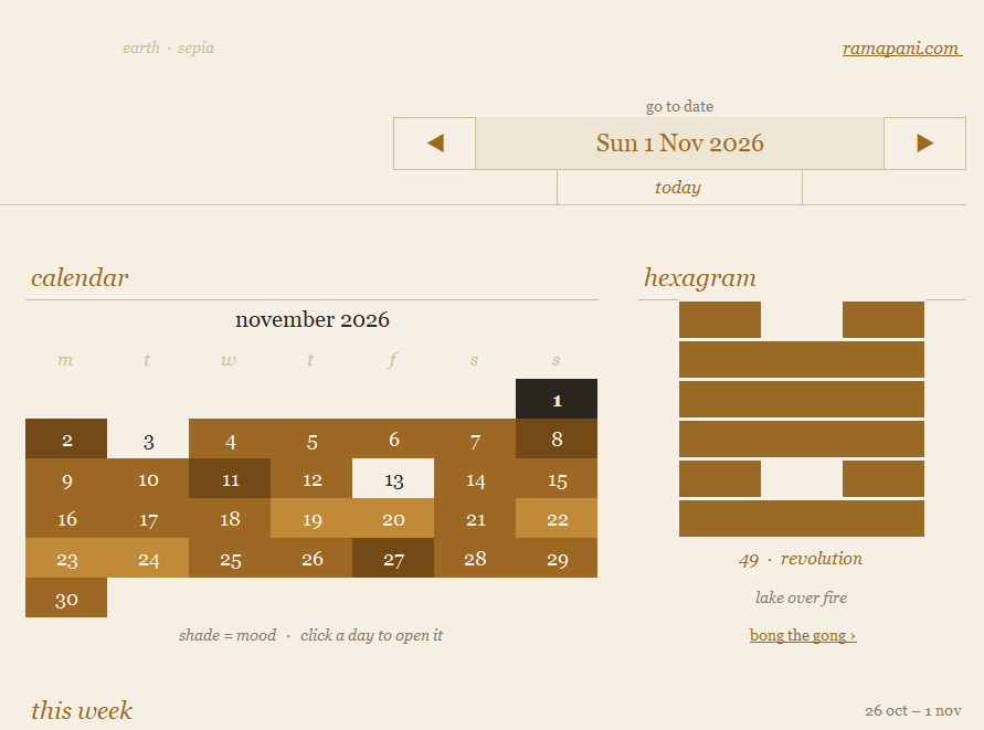 Weekly and monthly summaries in the Ramapani Life Planner, with activity bars and a month calendar shaded by mood